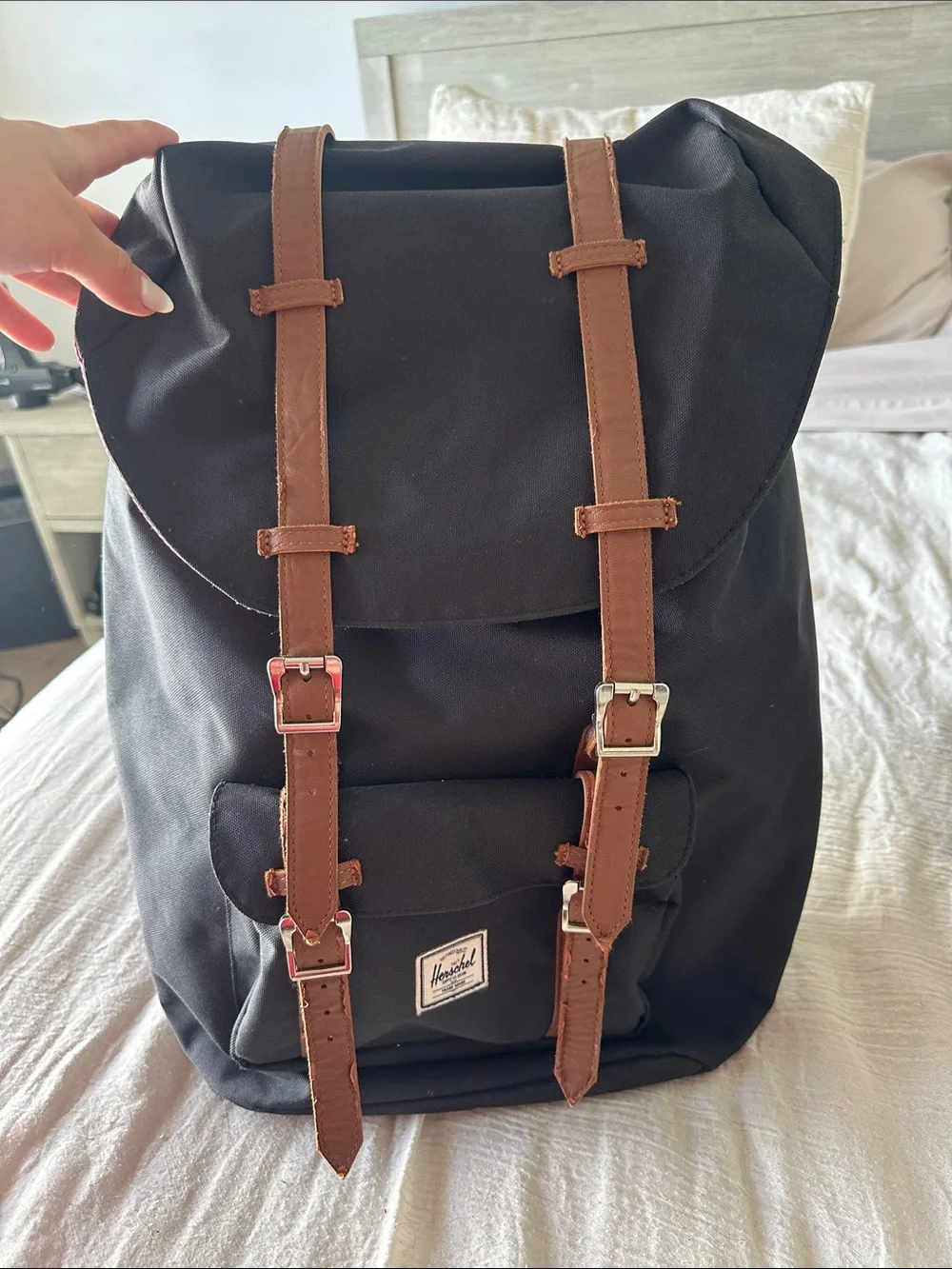 Herschel Black Backpack with Brown Leather Straps